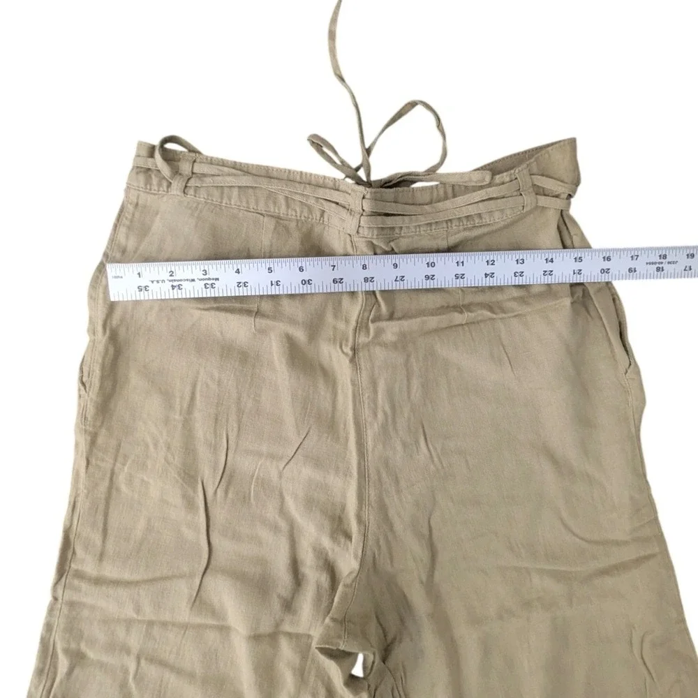 H&M Linen Blend Wide Leg Pants Tan Beige‎ Drawstring Trousers US 10 Coastal Boho